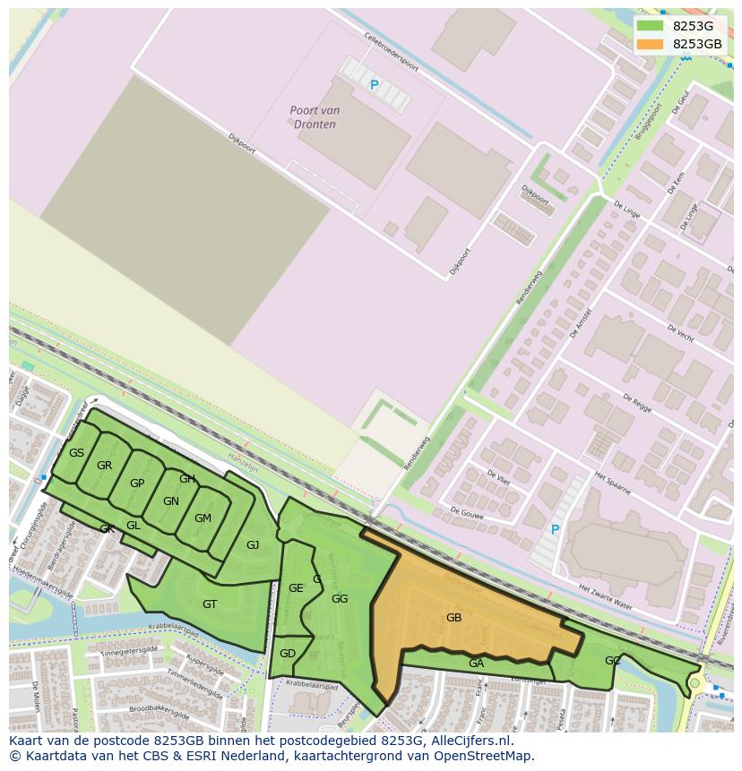 Afbeelding van het postcodegebied 8253 GB op de kaart.