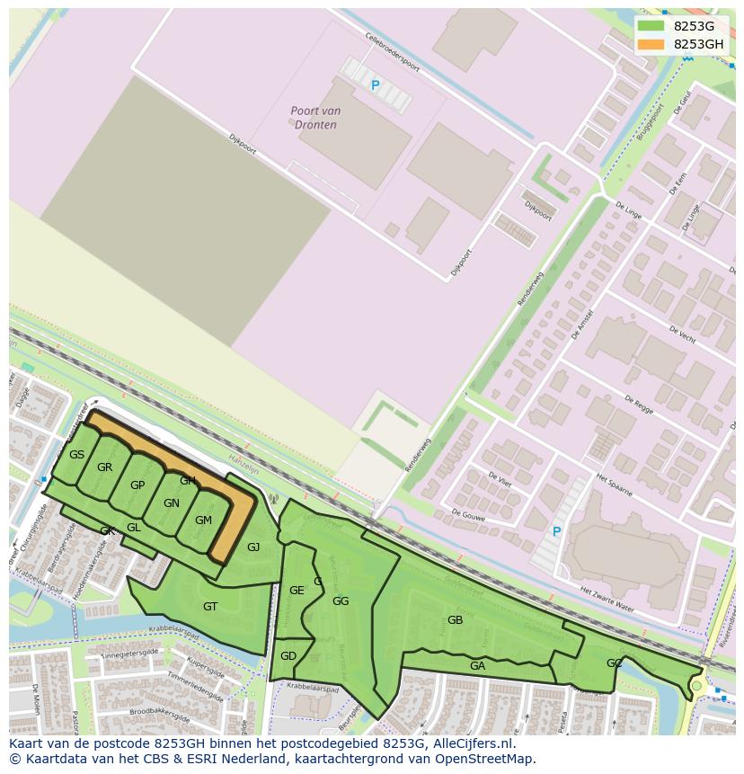 Afbeelding van het postcodegebied 8253 GH op de kaart.
