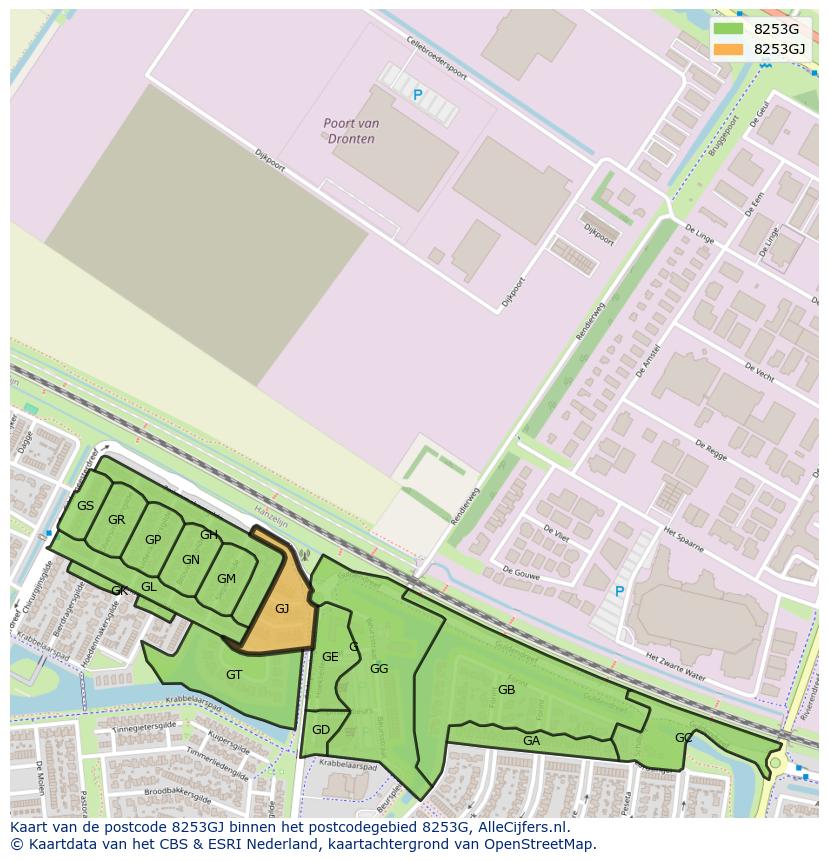 Afbeelding van het postcodegebied 8253 GJ op de kaart.
