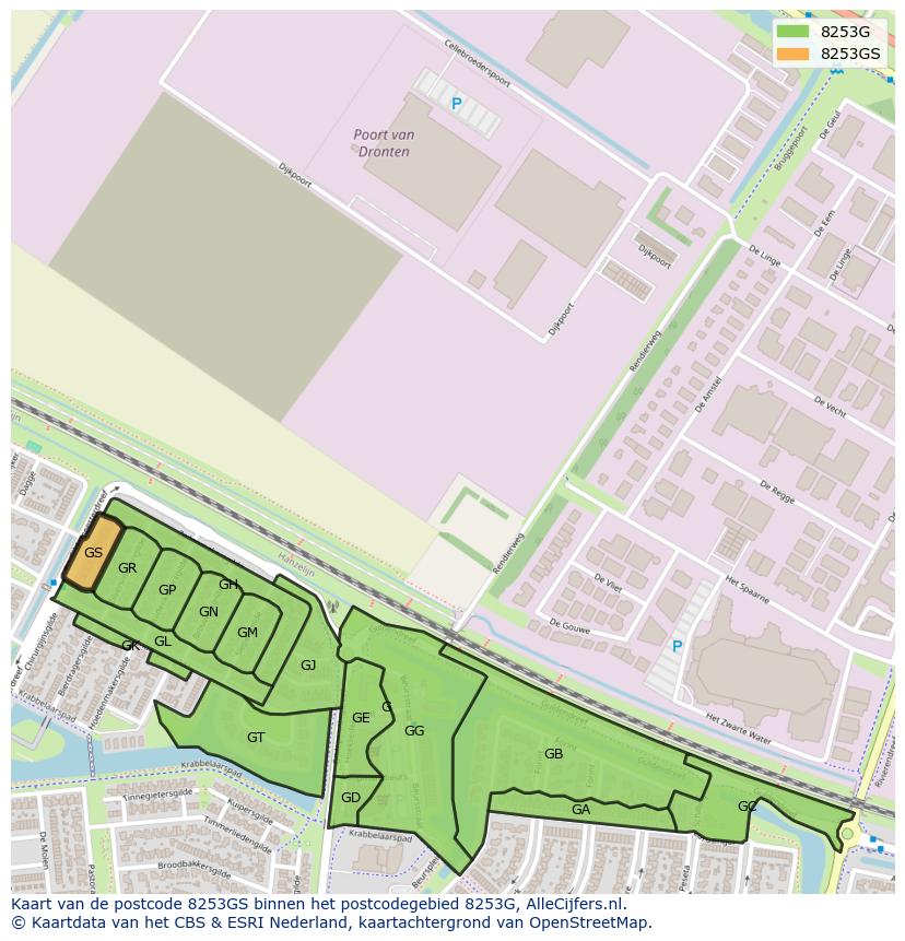 Afbeelding van het postcodegebied 8253 GS op de kaart.