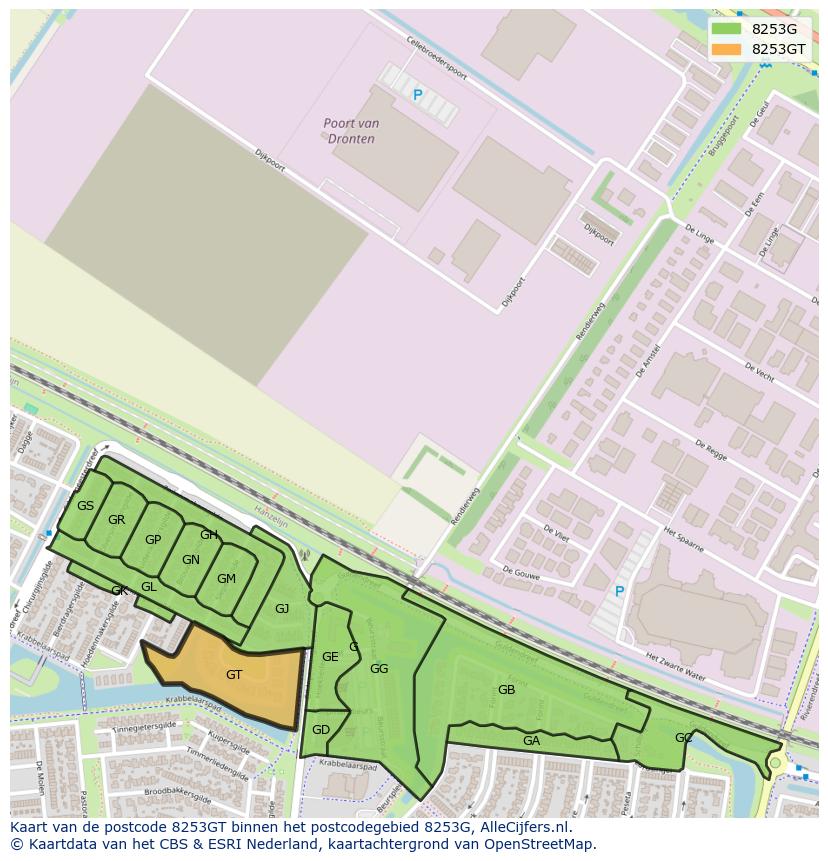 Afbeelding van het postcodegebied 8253 GT op de kaart.