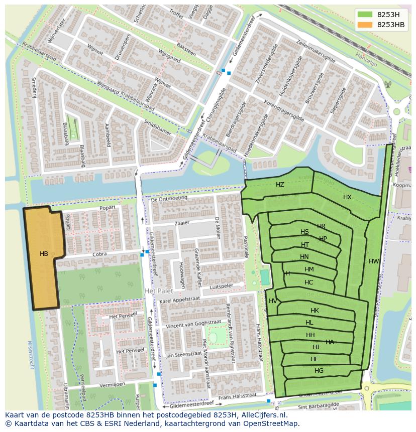 Afbeelding van het postcodegebied 8253 HB op de kaart.
