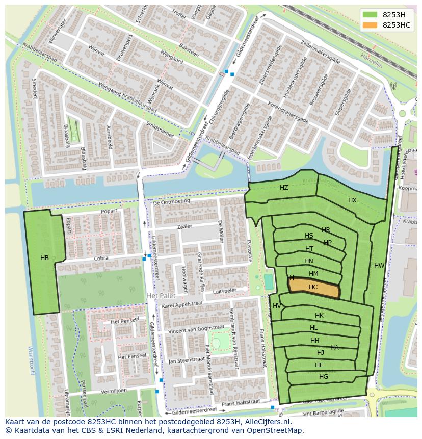 Afbeelding van het postcodegebied 8253 HC op de kaart.