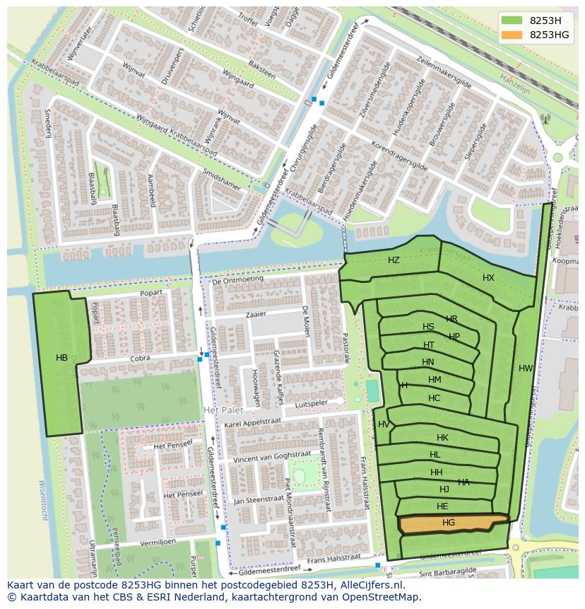 Afbeelding van het postcodegebied 8253 HG op de kaart.