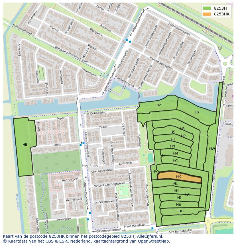Afbeelding van het postcodegebied 8253 HK op de kaart.