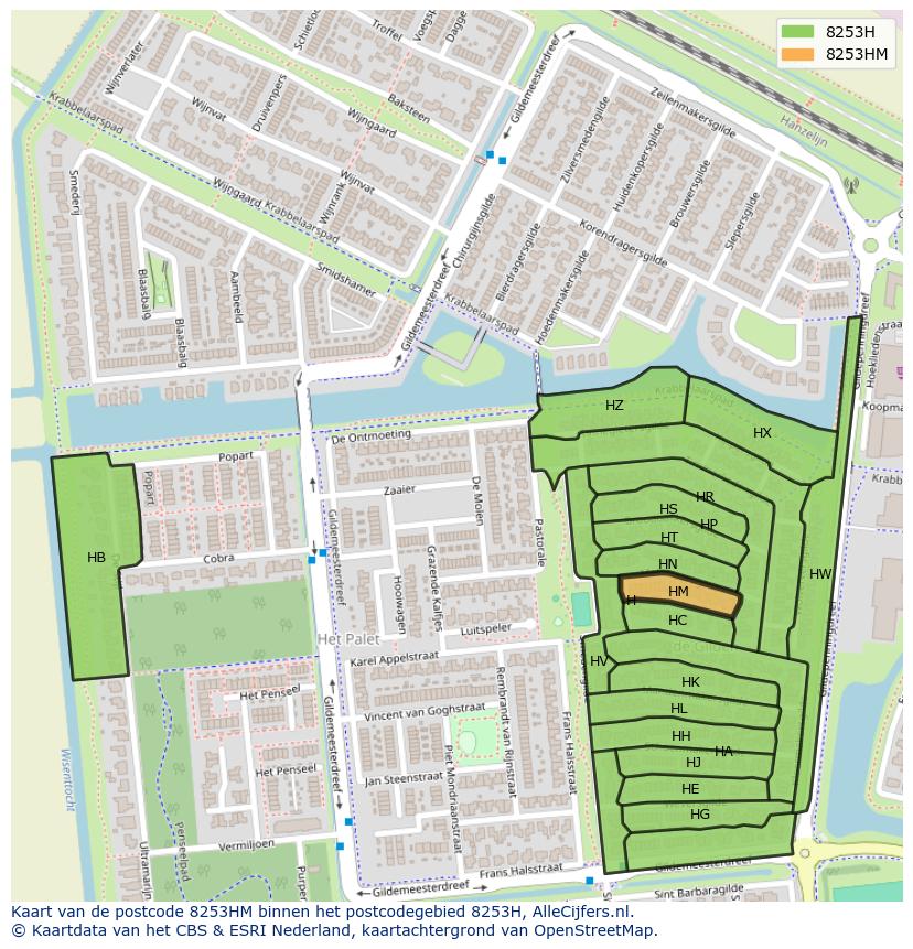 Afbeelding van het postcodegebied 8253 HM op de kaart.