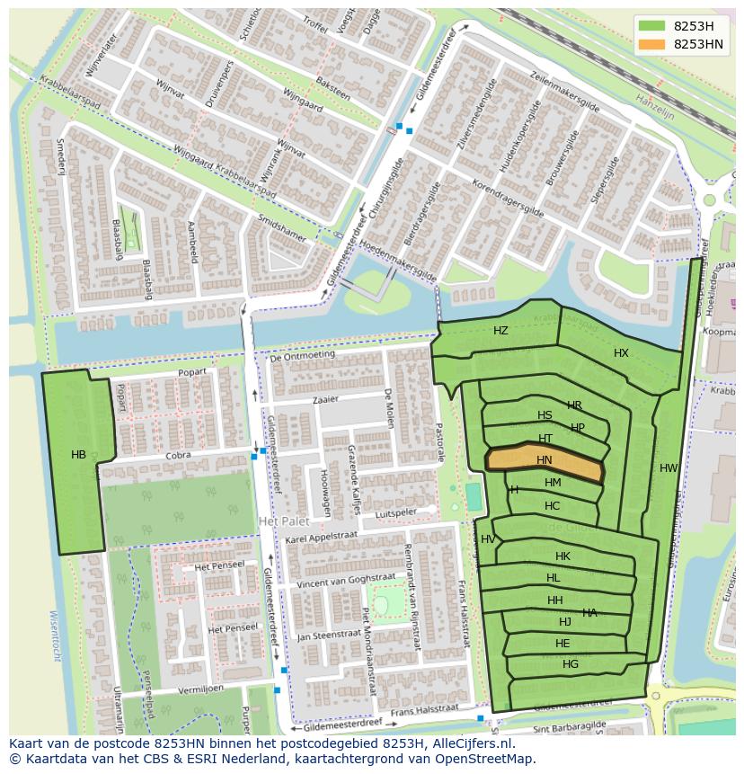 Afbeelding van het postcodegebied 8253 HN op de kaart.