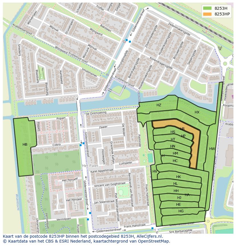 Afbeelding van het postcodegebied 8253 HP op de kaart.