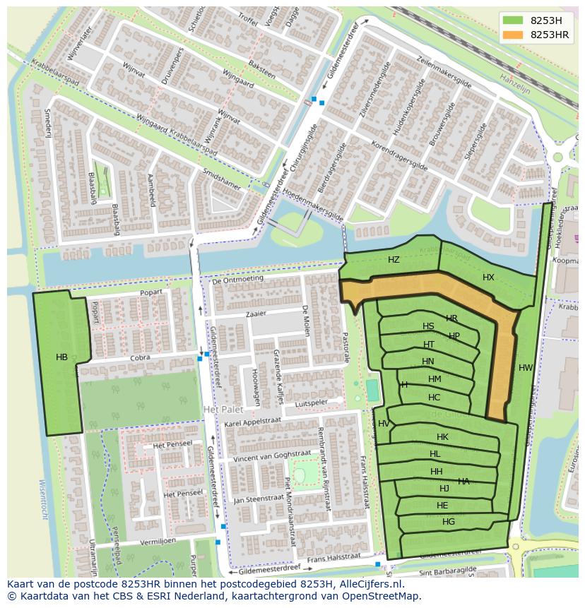 Afbeelding van het postcodegebied 8253 HR op de kaart.