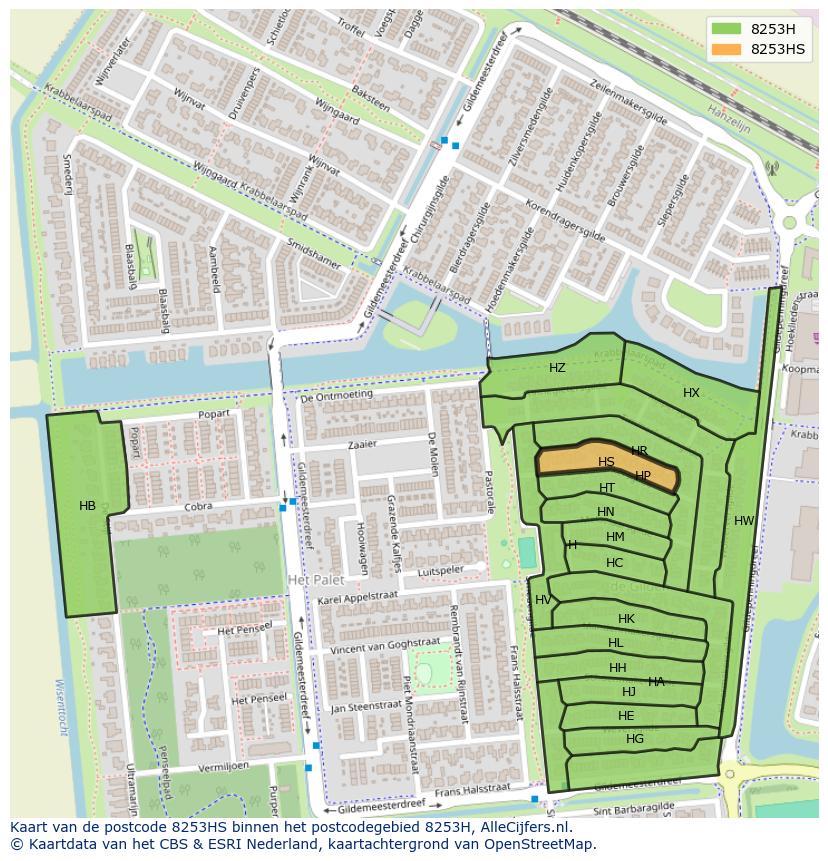 Afbeelding van het postcodegebied 8253 HS op de kaart.