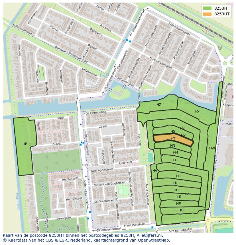 Afbeelding van het postcodegebied 8253 HT op de kaart.