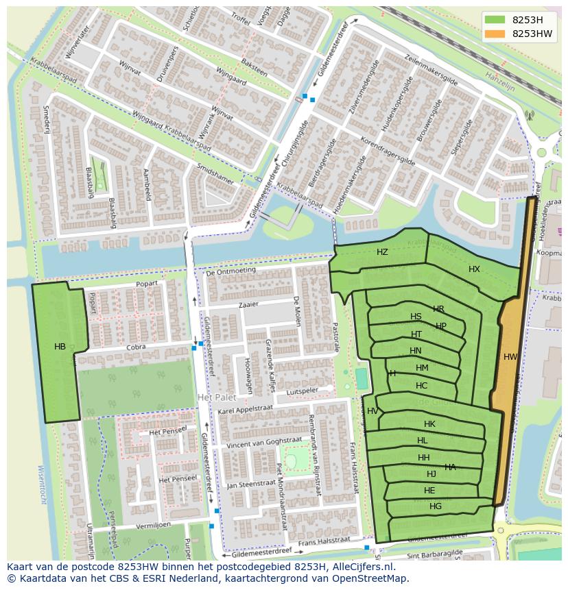 Afbeelding van het postcodegebied 8253 HW op de kaart.