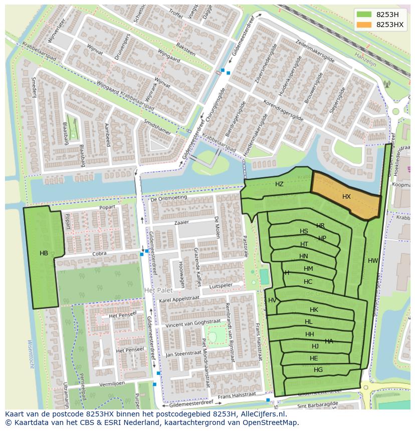 Afbeelding van het postcodegebied 8253 HX op de kaart.