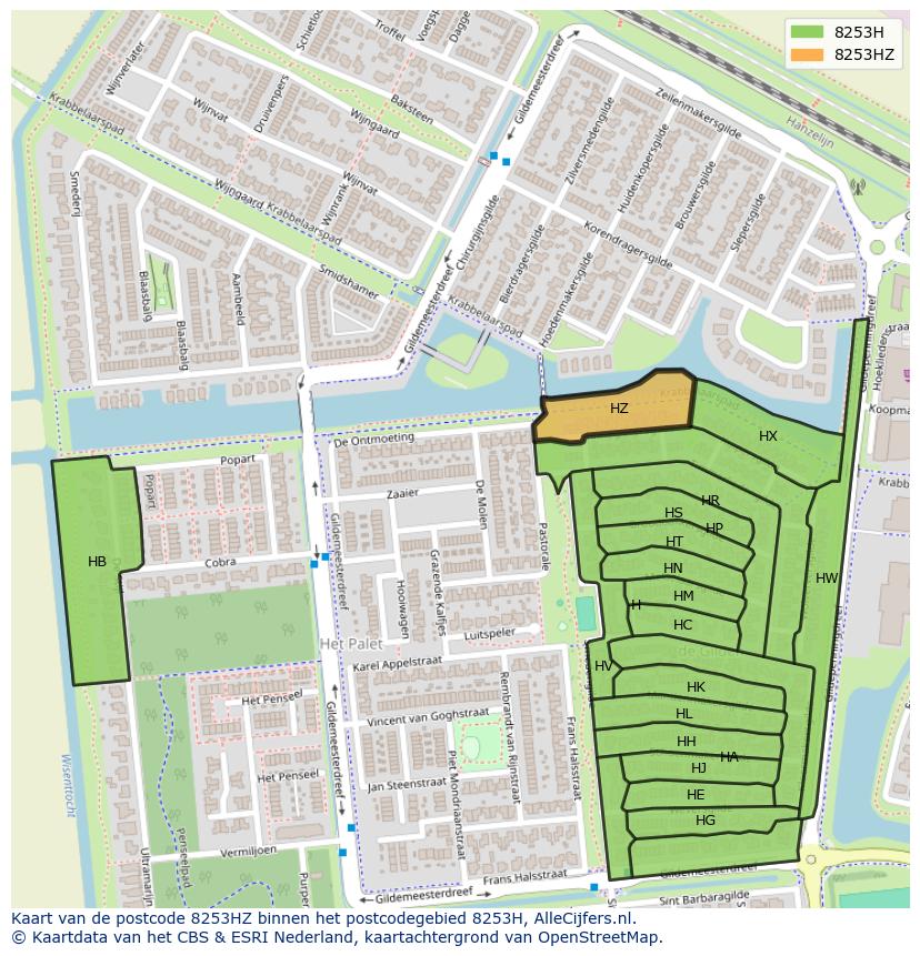 Afbeelding van het postcodegebied 8253 HZ op de kaart.