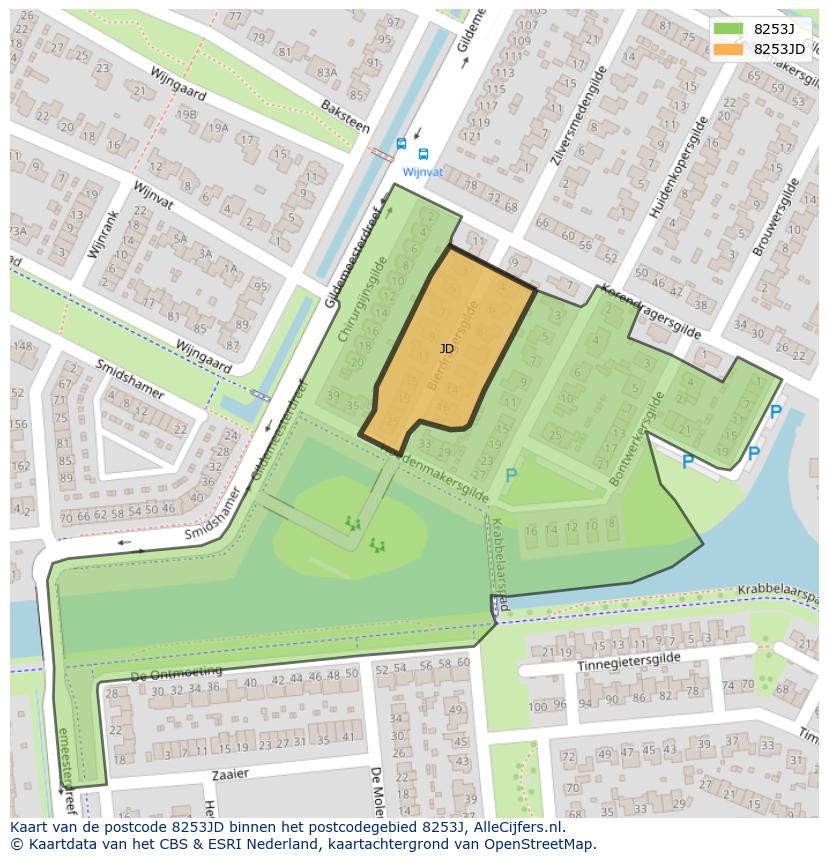 Afbeelding van het postcodegebied 8253 JD op de kaart.