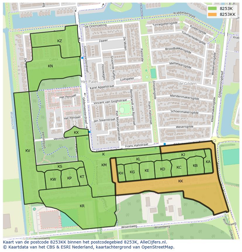 Afbeelding van het postcodegebied 8253 KK op de kaart.