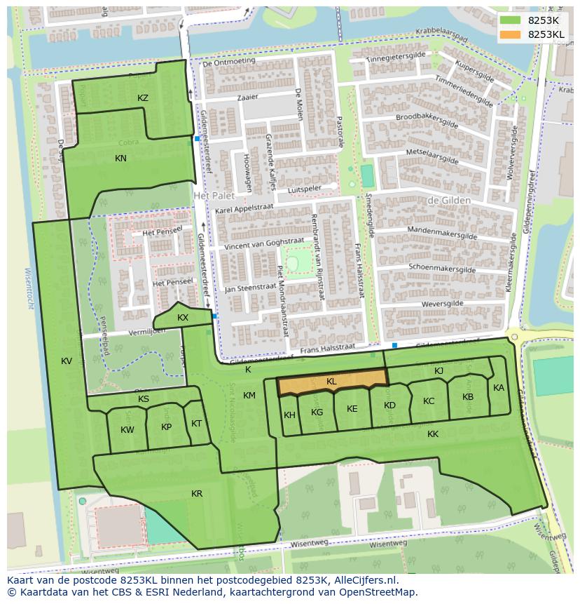 Afbeelding van het postcodegebied 8253 KL op de kaart.