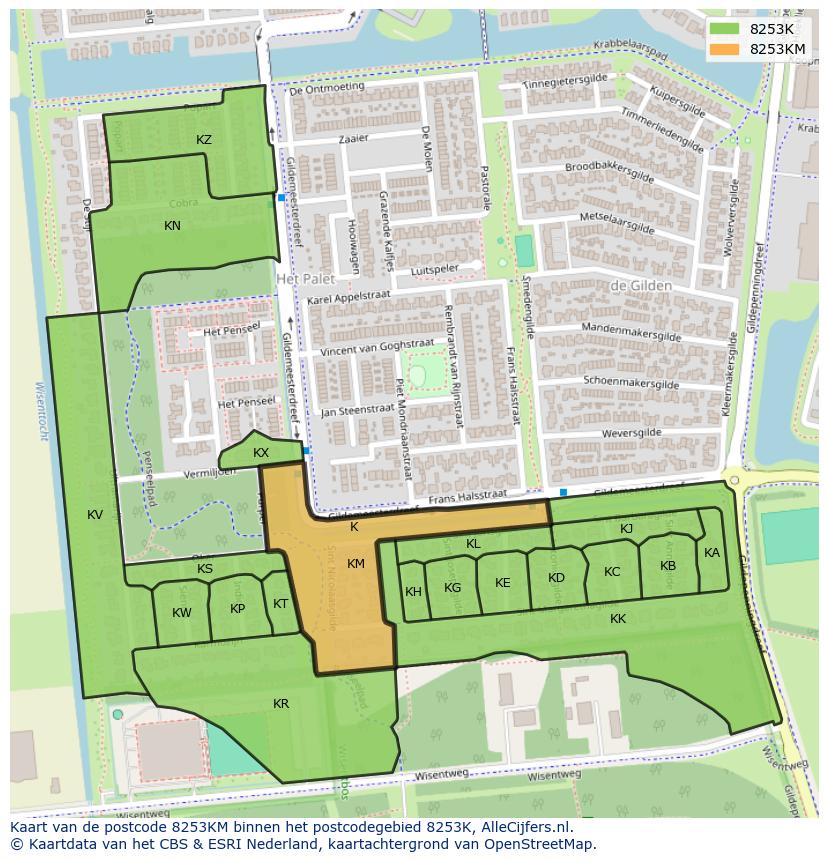 Afbeelding van het postcodegebied 8253 KM op de kaart.