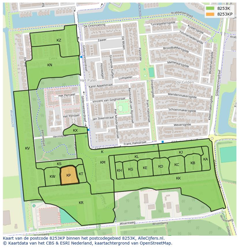 Afbeelding van het postcodegebied 8253 KP op de kaart.