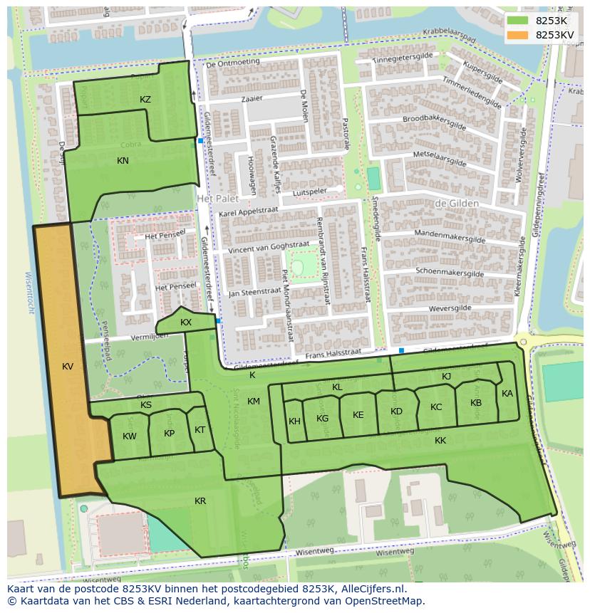Afbeelding van het postcodegebied 8253 KV op de kaart.