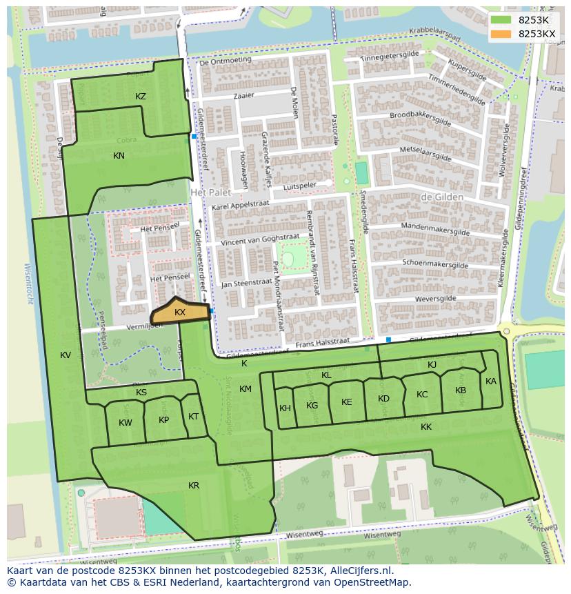 Afbeelding van het postcodegebied 8253 KX op de kaart.