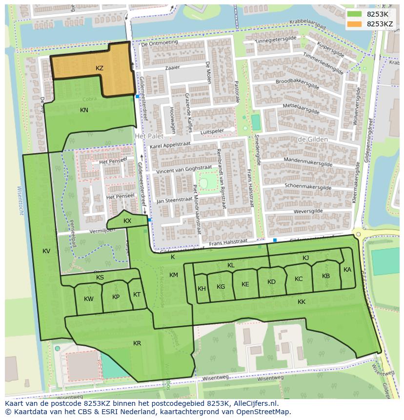 Afbeelding van het postcodegebied 8253 KZ op de kaart.