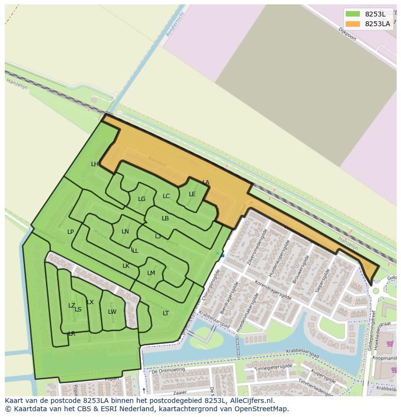 Afbeelding van het postcodegebied 8253 LA op de kaart.