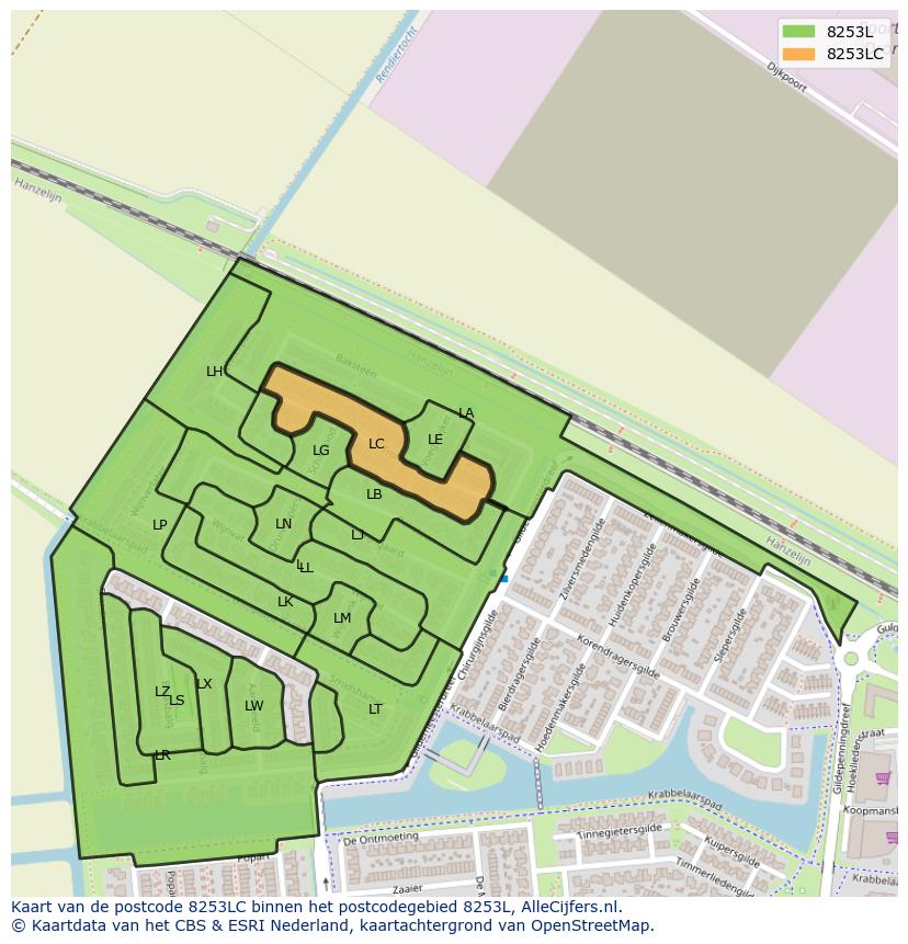 Afbeelding van het postcodegebied 8253 LC op de kaart.