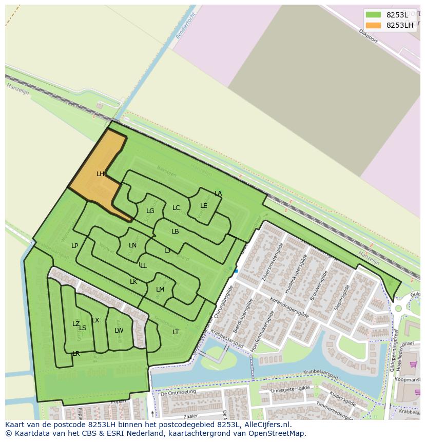 Afbeelding van het postcodegebied 8253 LH op de kaart.