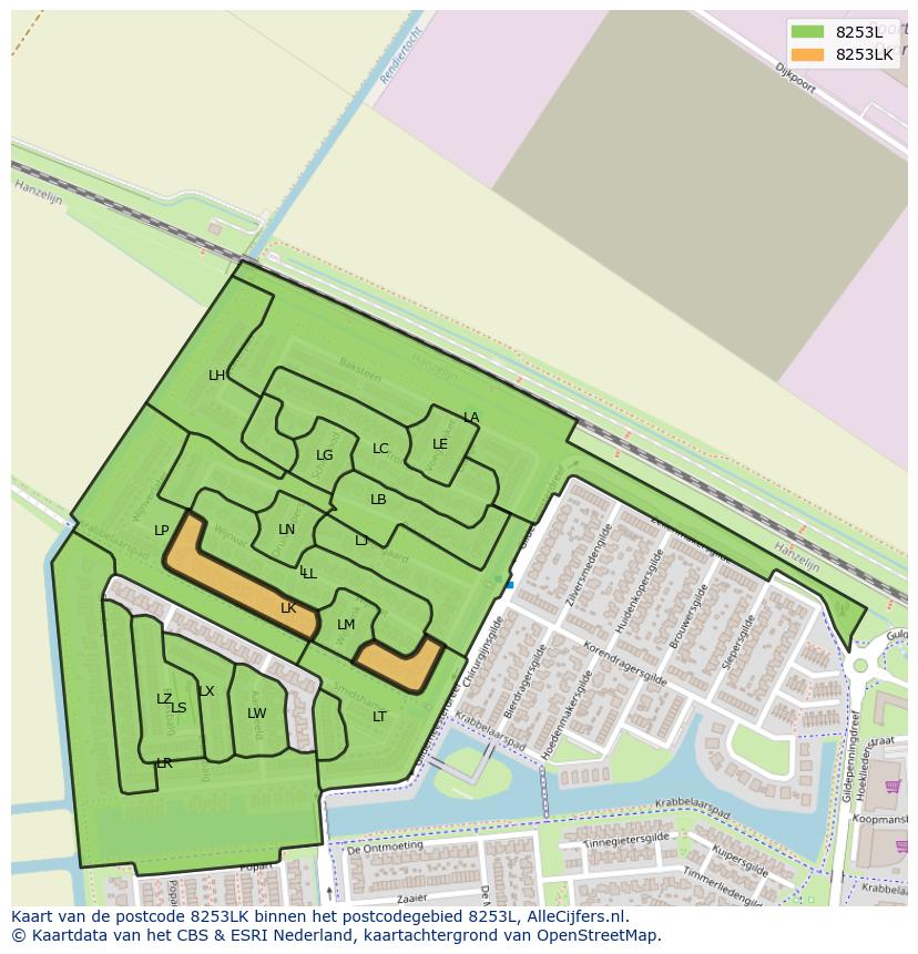 Afbeelding van het postcodegebied 8253 LK op de kaart.