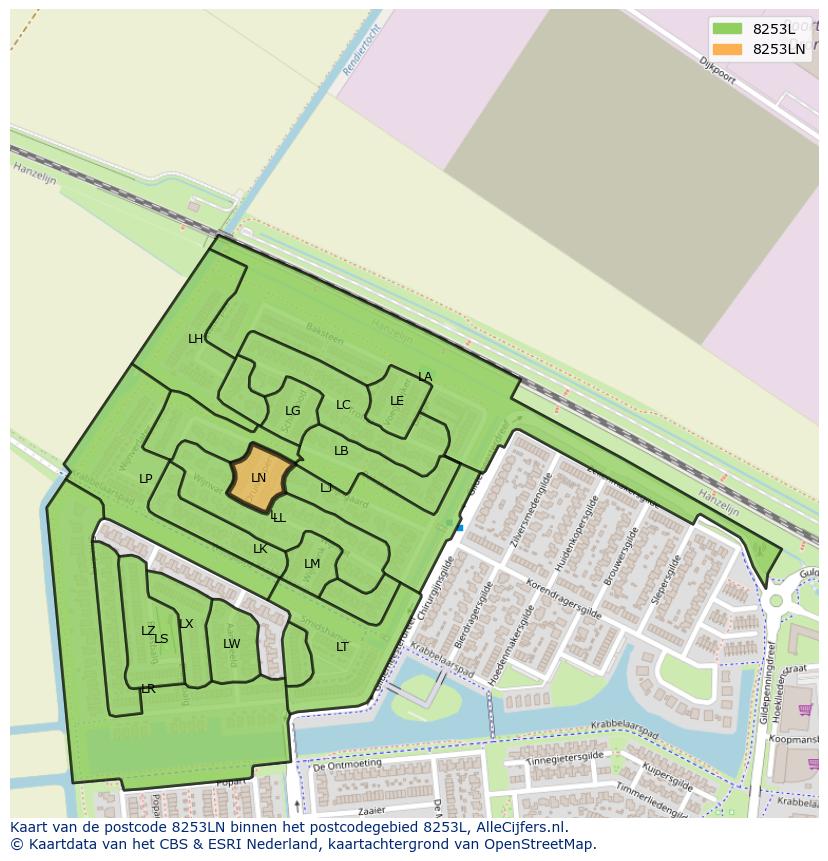 Afbeelding van het postcodegebied 8253 LN op de kaart.