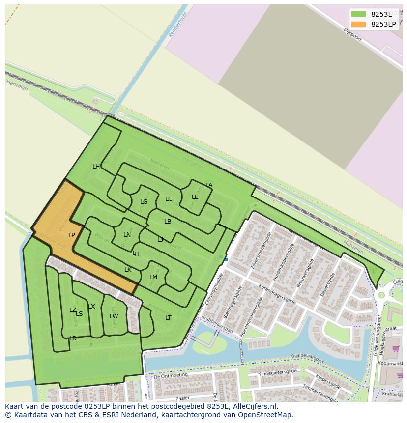 Afbeelding van het postcodegebied 8253 LP op de kaart.