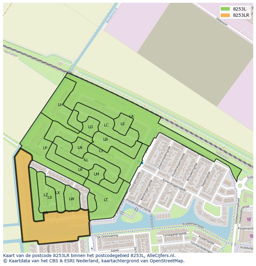 Afbeelding van het postcodegebied 8253 LR op de kaart.