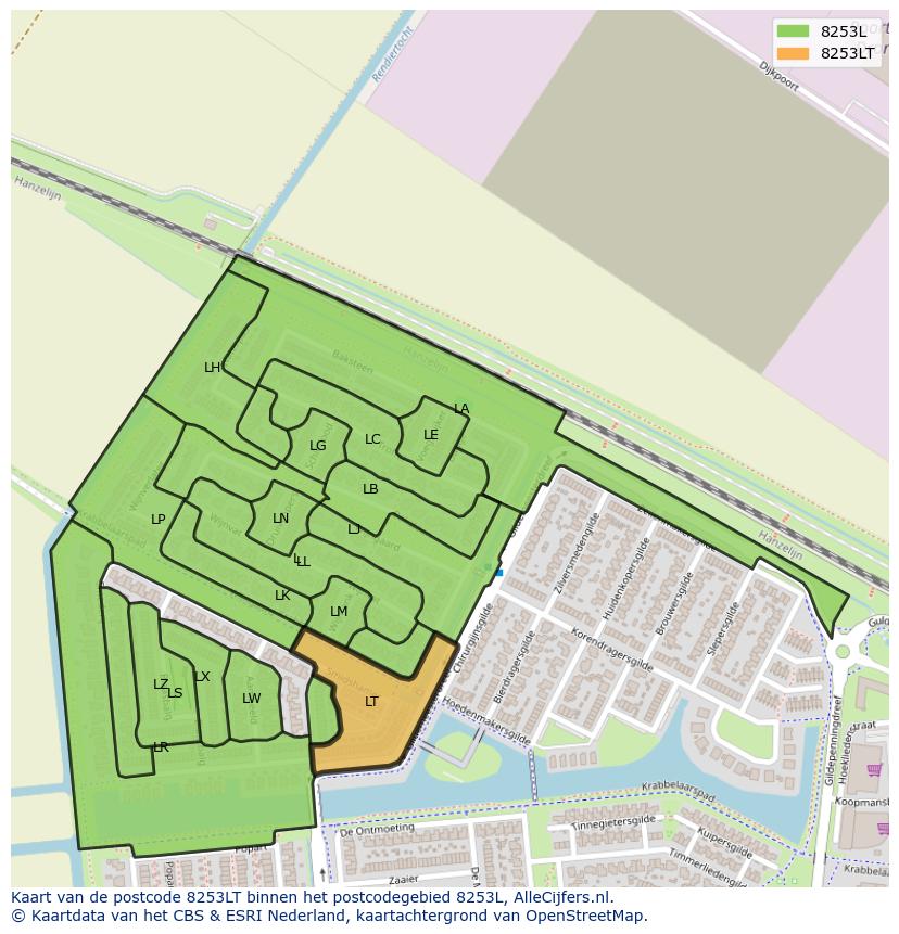 Afbeelding van het postcodegebied 8253 LT op de kaart.