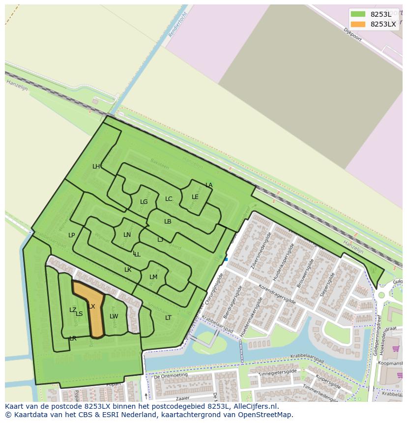 Afbeelding van het postcodegebied 8253 LX op de kaart.