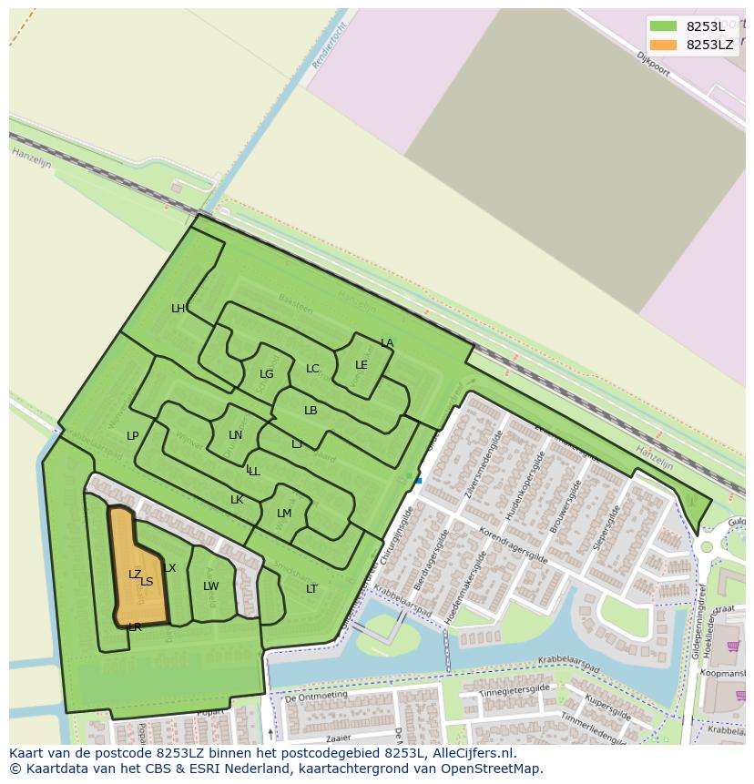 Afbeelding van het postcodegebied 8253 LZ op de kaart.
