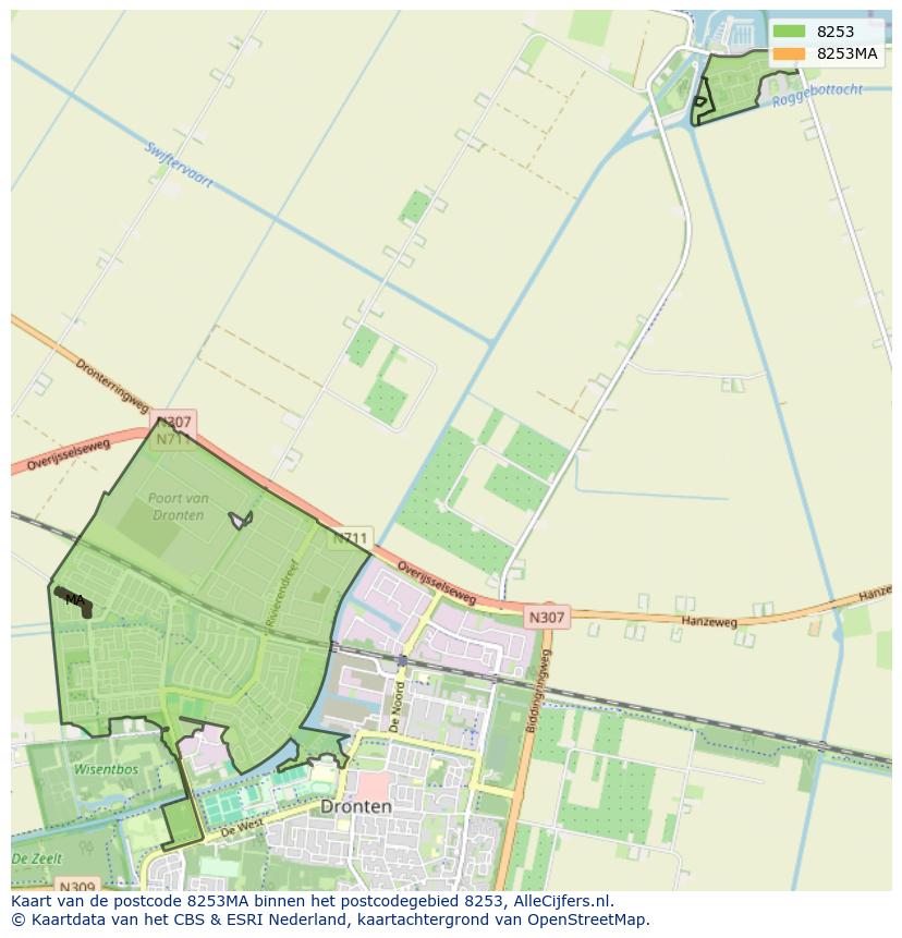 Afbeelding van het postcodegebied 8253 MA op de kaart.