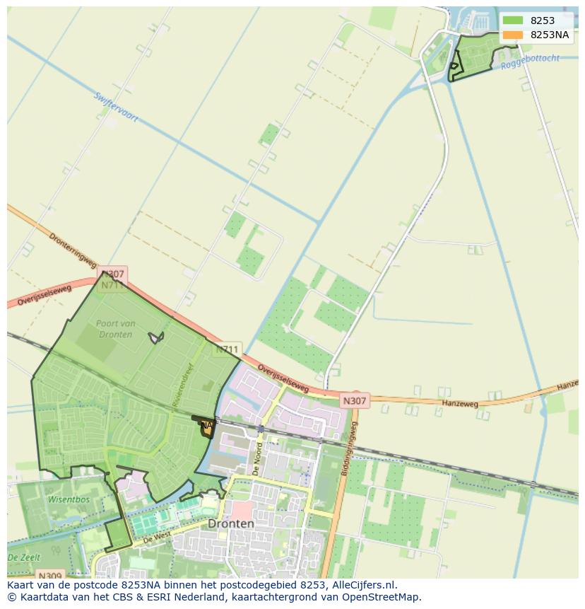 Afbeelding van het postcodegebied 8253 NA op de kaart.