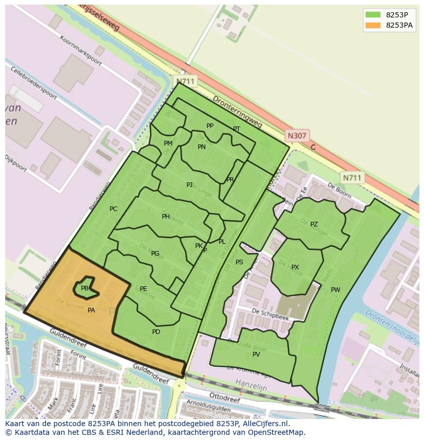 Afbeelding van het postcodegebied 8253 PA op de kaart.