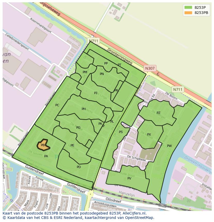 Afbeelding van het postcodegebied 8253 PB op de kaart.