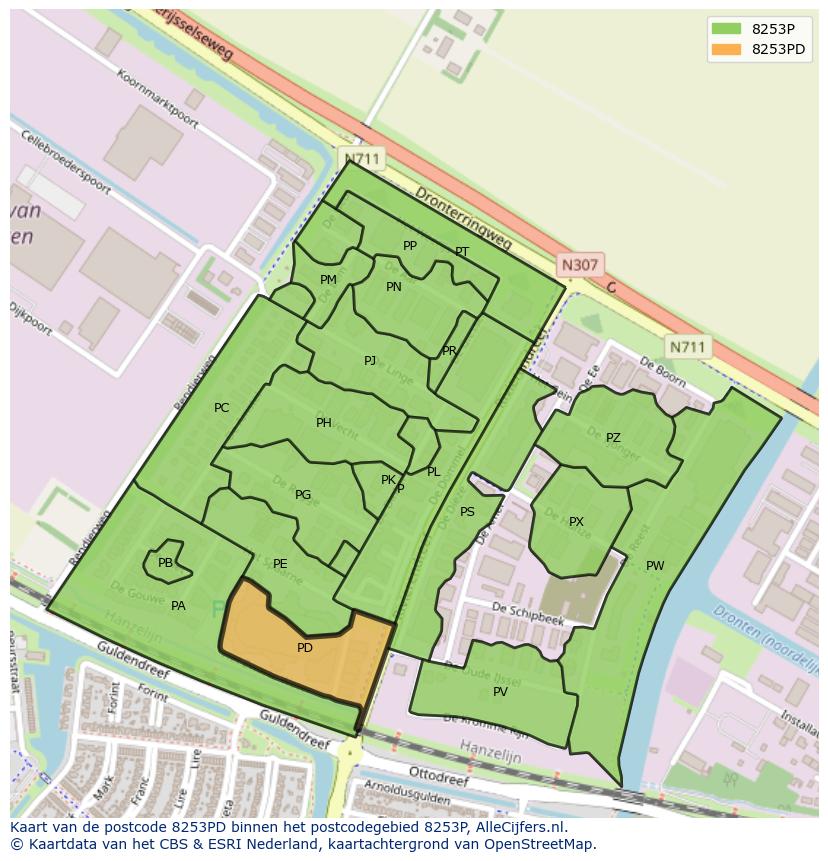 Afbeelding van het postcodegebied 8253 PD op de kaart.