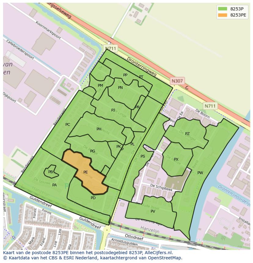 Afbeelding van het postcodegebied 8253 PE op de kaart.