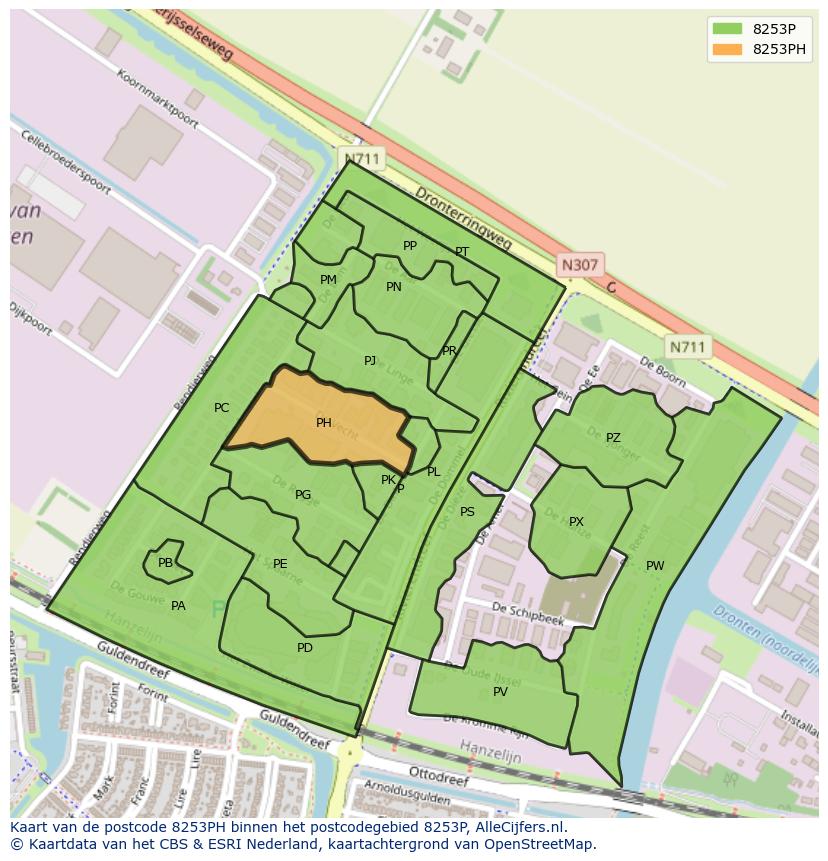 Afbeelding van het postcodegebied 8253 PH op de kaart.
