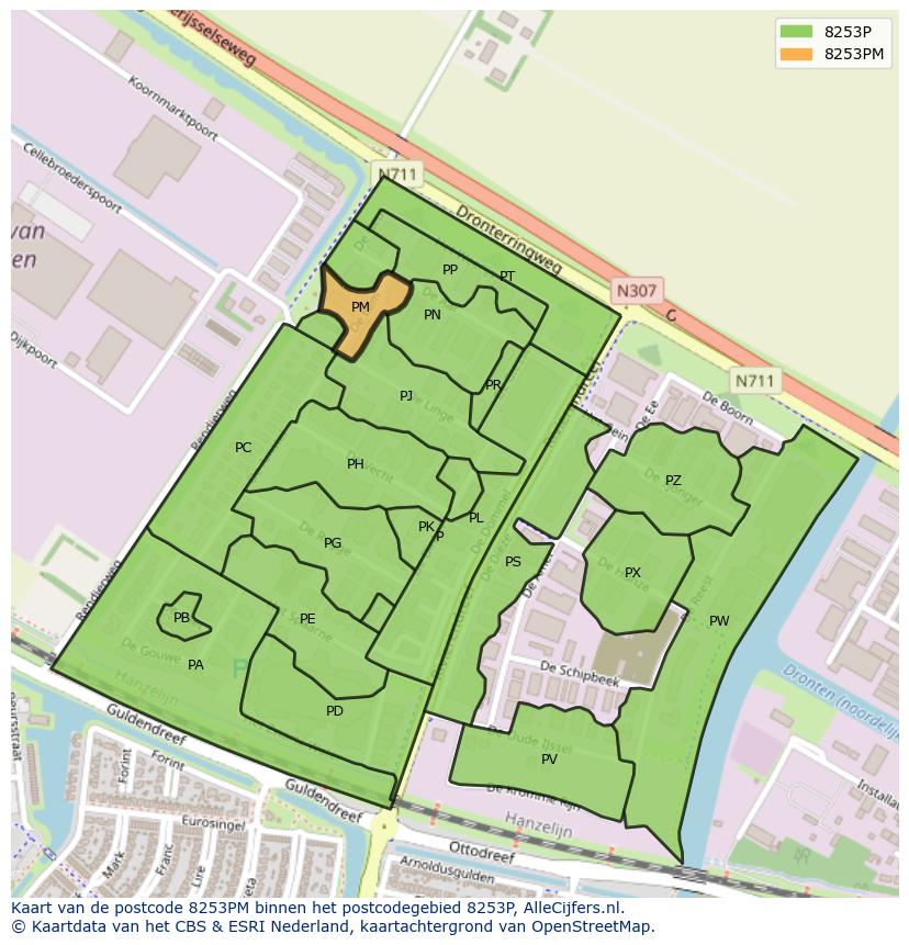 Afbeelding van het postcodegebied 8253 PM op de kaart.