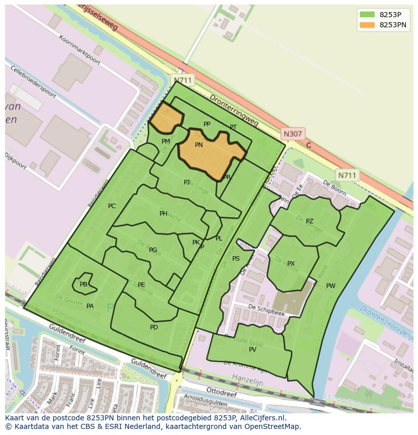 Afbeelding van het postcodegebied 8253 PN op de kaart.