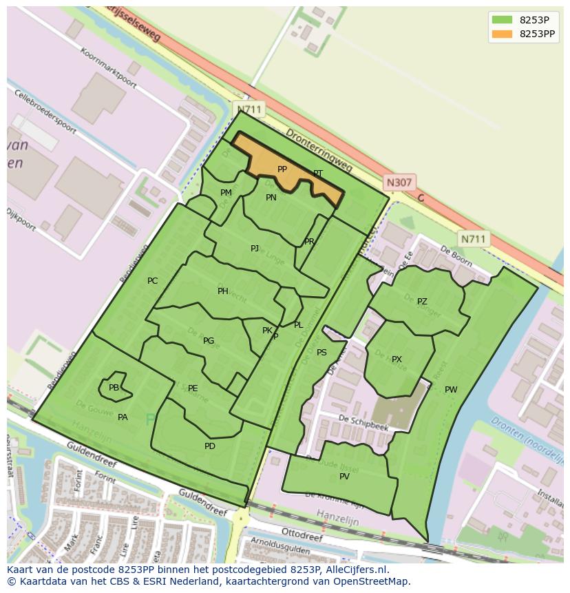 Afbeelding van het postcodegebied 8253 PP op de kaart.
