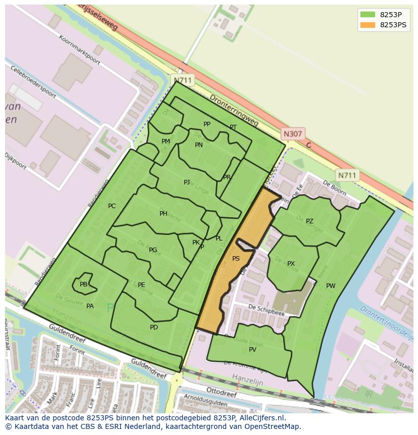 Afbeelding van het postcodegebied 8253 PS op de kaart.