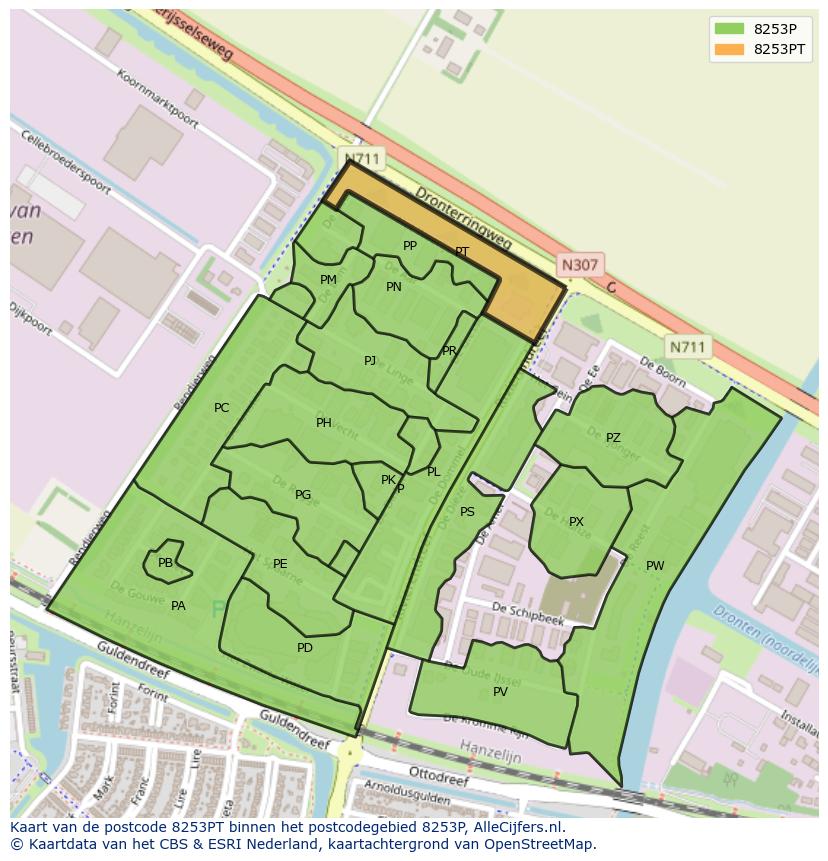 Afbeelding van het postcodegebied 8253 PT op de kaart.