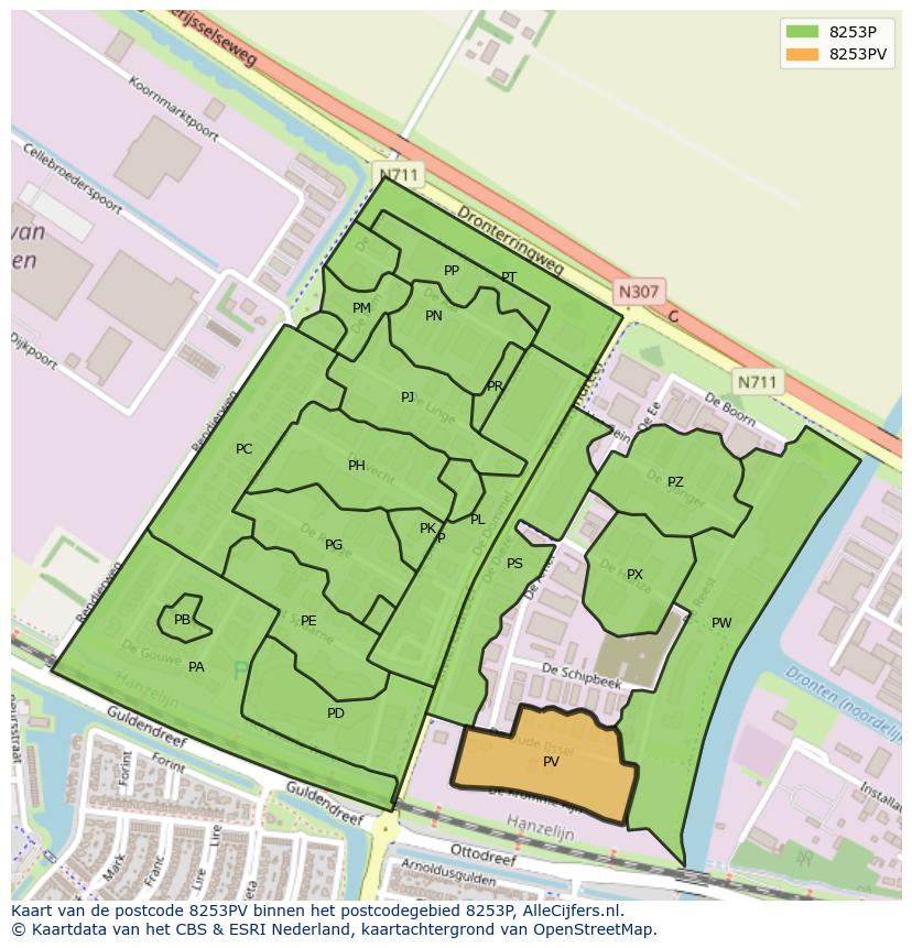 Afbeelding van het postcodegebied 8253 PV op de kaart.