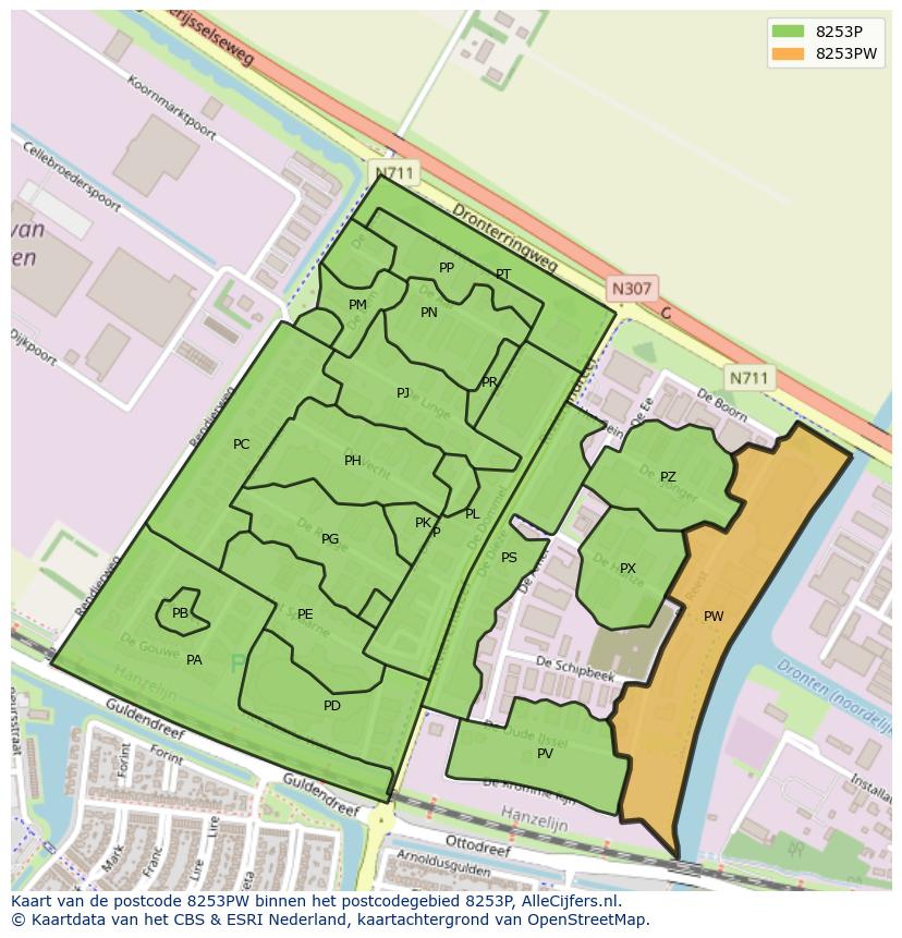 Afbeelding van het postcodegebied 8253 PW op de kaart.
